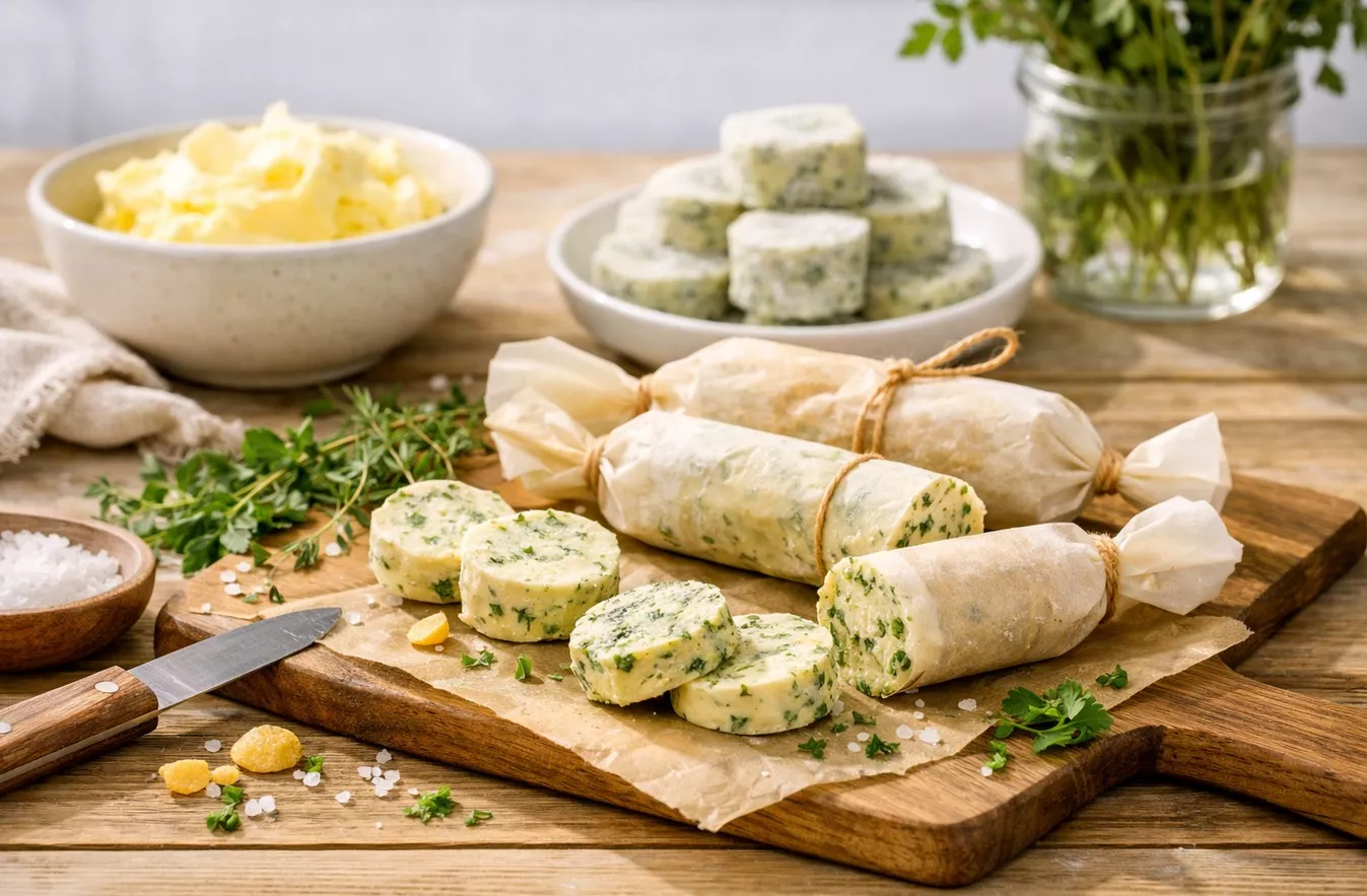 Kräuterbutter in Papierrollen einfrieren